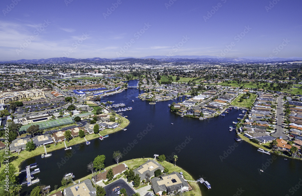 Fototapeta premium Lake San Marcos, San Marcos, California, USA. This is an aerial 8 image panoramic. San Marcos is in North County San Diego. 