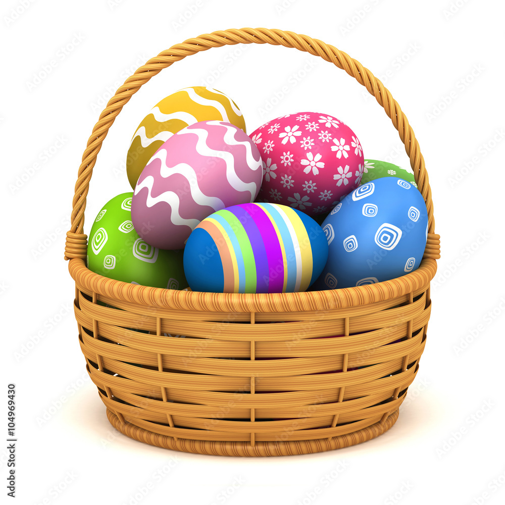 Fototapeta premium 3d illustration. Easter eggs in a basket on a white background.