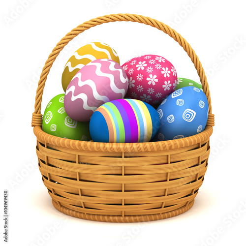 3d illustration. Easter eggs in a basket on a white background.