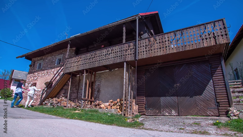 Coming to the wooden house in the village Coming to the wooden house in the village