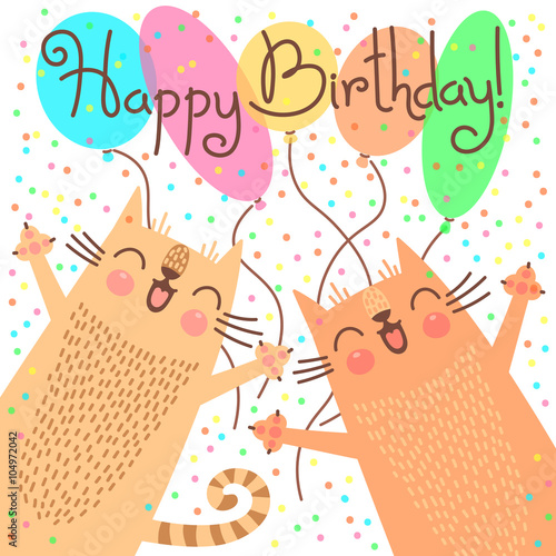 Cute happy birthday card with funny kittens.