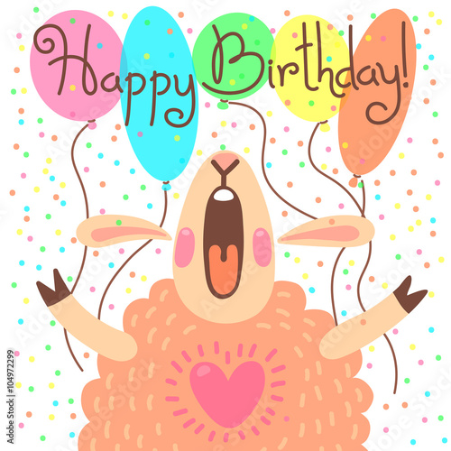 Photography Cute happy birthday card with funny lamb.