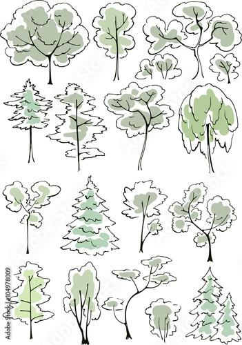 Set of hand drawn green sketchy trees