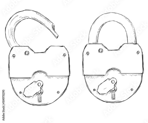 Two Vector Sketch Padlocks. Open and closed.