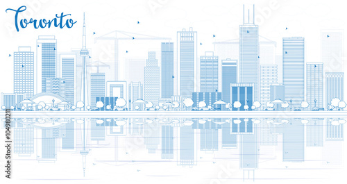 Outline Toronto skyline with blue buildings and reflections.