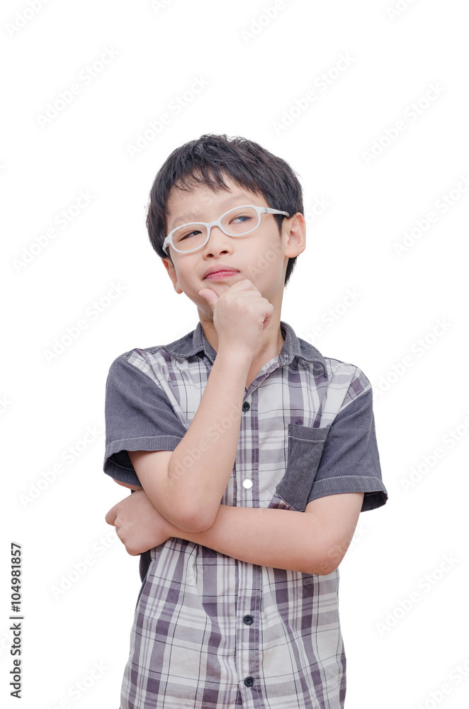 Young Asian boy thinking over white background Young Asian boy thinking over white background