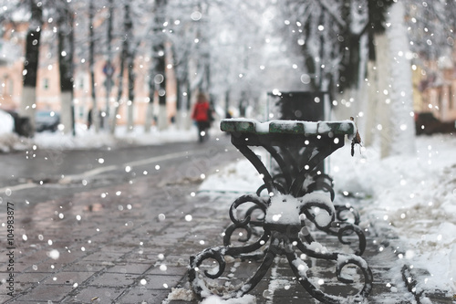 snow bench winter sidewalk