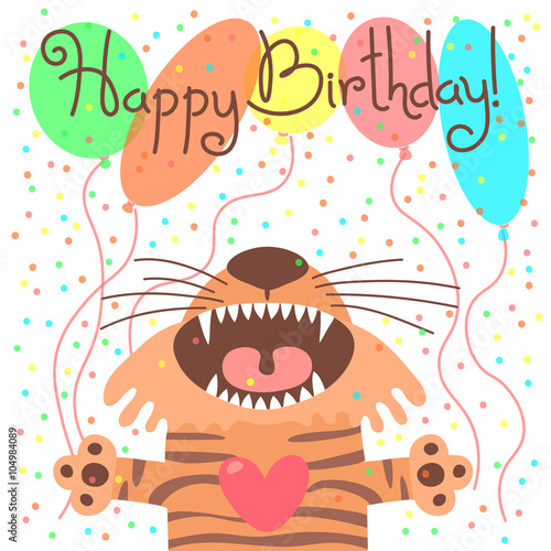 Fototapeta Naklejka Na Ścianę i Meble -  Cute happy birthday card with funny tiger.