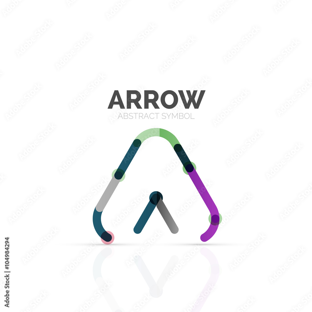 Linear arrow abstract logo, connected multicolored segments of lines in directional pointer figure Linear arrow abstract logo, connected multicolored segments of lines in directional pointer figure