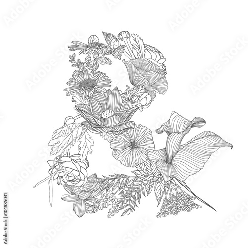  Ampersand symbol. linear floral alphabet