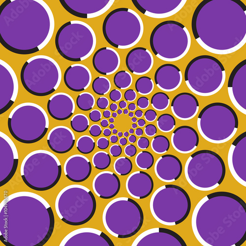 Optical illusion background. Purple circles are moving circularly toward the center on golden background. Polka dot background.
