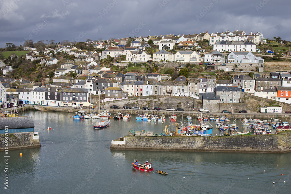 The colorful houses of Mevagissey, town and harbour, Cornwall, England, UK.