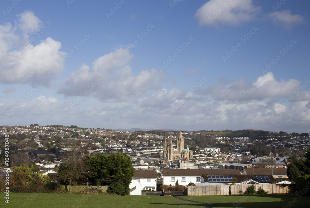 View over the city of Truro with it's dominant cathedral, Cornwall, England, UK.