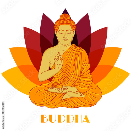 Sitting Buddha over lotus flower background. Hand drawn vector illustration.