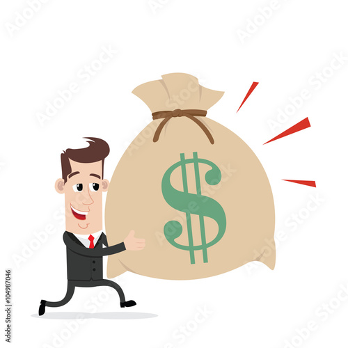 Businessman running and carrying bag of money