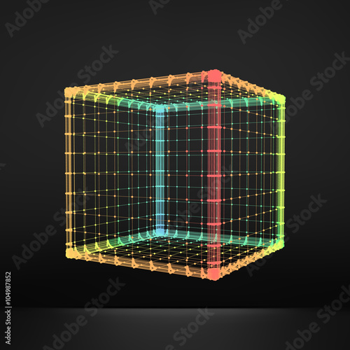 Cube. Regular Hexahedron. Platonic Solid. Regular, Convex Polyhedron. 3D Connection Structure. Lattice Geometric Element for Design. Molecular Grid. Wireframe Mesh Polygonal Element. 