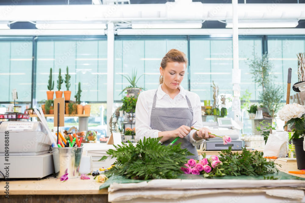 Florist Cutting Stem On Rose At Counter In Flower Shop Florist Cutting Stem On Rose At Counter In Flower Shop