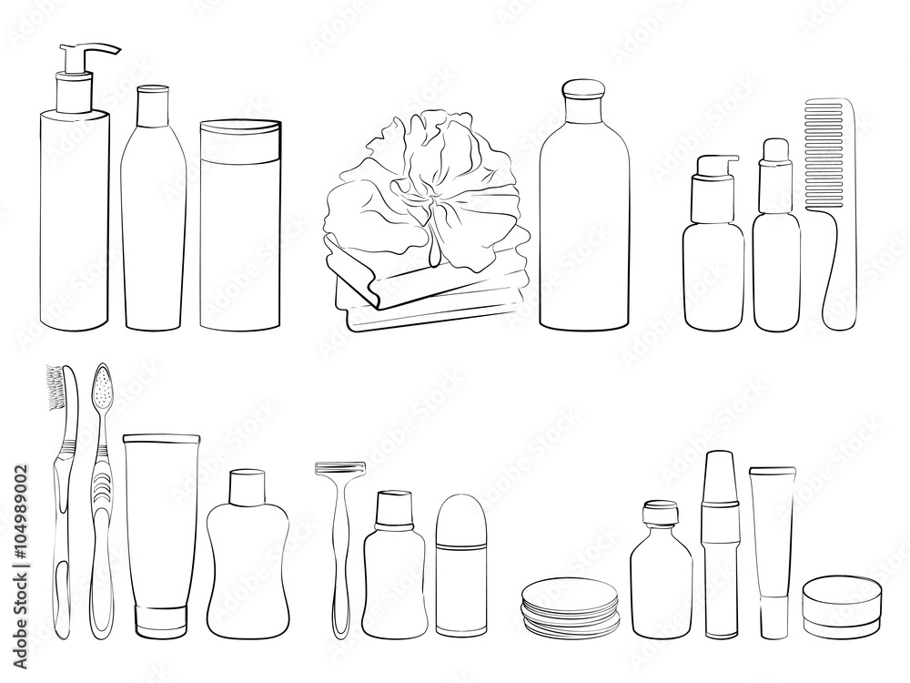 Hand drawn set of products for body care and hygiene. Sketch of elements for bath or shower isolated on white background. Black and white outline Hand drawn set of products for body care and hygiene. Sketch of elements for bath or shower isolated on white background. Black and white outline