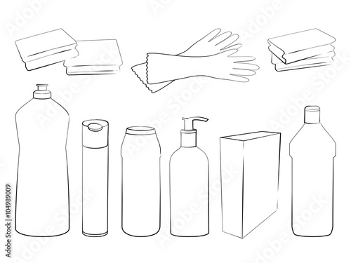 Hand drawn set of products for housekeeping and cleaning. Sketch of elements for cleaning isolated on white background.  Black and white outline