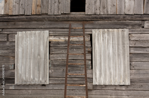 Old rusty ladder in front of log house.
