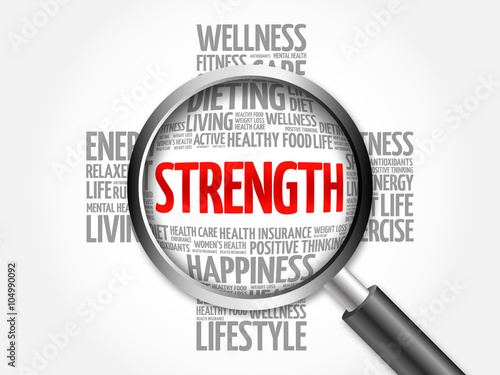 Strength word cloud with magnifying glass, health concept