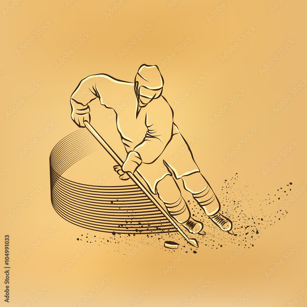 Obraz premium Hockey player races with the puck and a stick. Old paper drawing illustration.