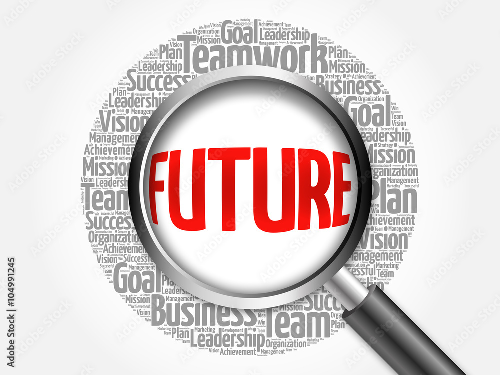 FUTURE word cloud with magnifying glass, business concept FUTURE word cloud with magnifying glass, business concept