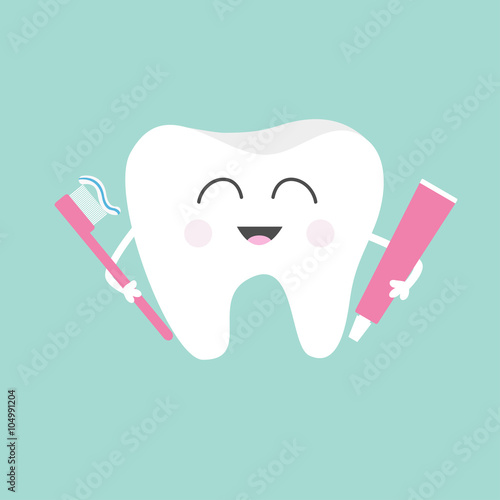 Tooth holding toothpaste and toothbrush. Cute funny cartoon smiling character. Children teeth care icon. Oral dental hygiene. Tooth health. Baby background. Flat design.