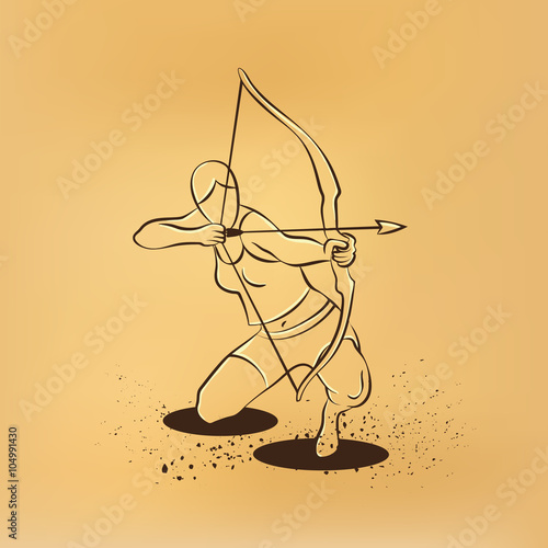 Girl archer takes aim. Old paper drawing illustration.