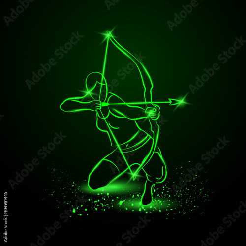 Archer with bow. Neon vector illustration.