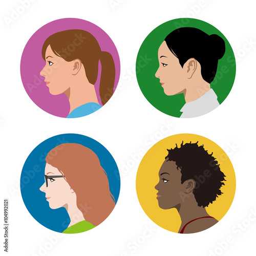 various races women profile icon set, face as seen from the side, avatar icons, vector illustration