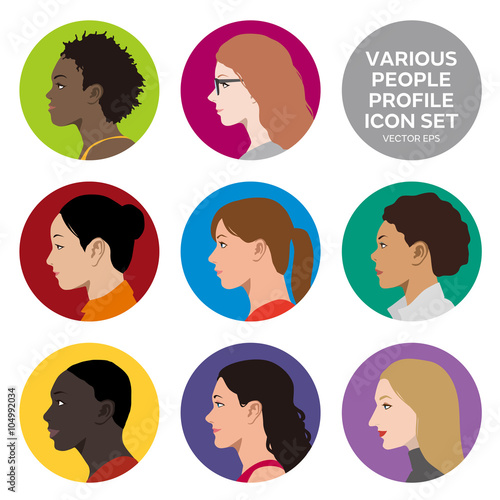 various races women profile icon set, face as seen from the side, avatar icons, vector illustration