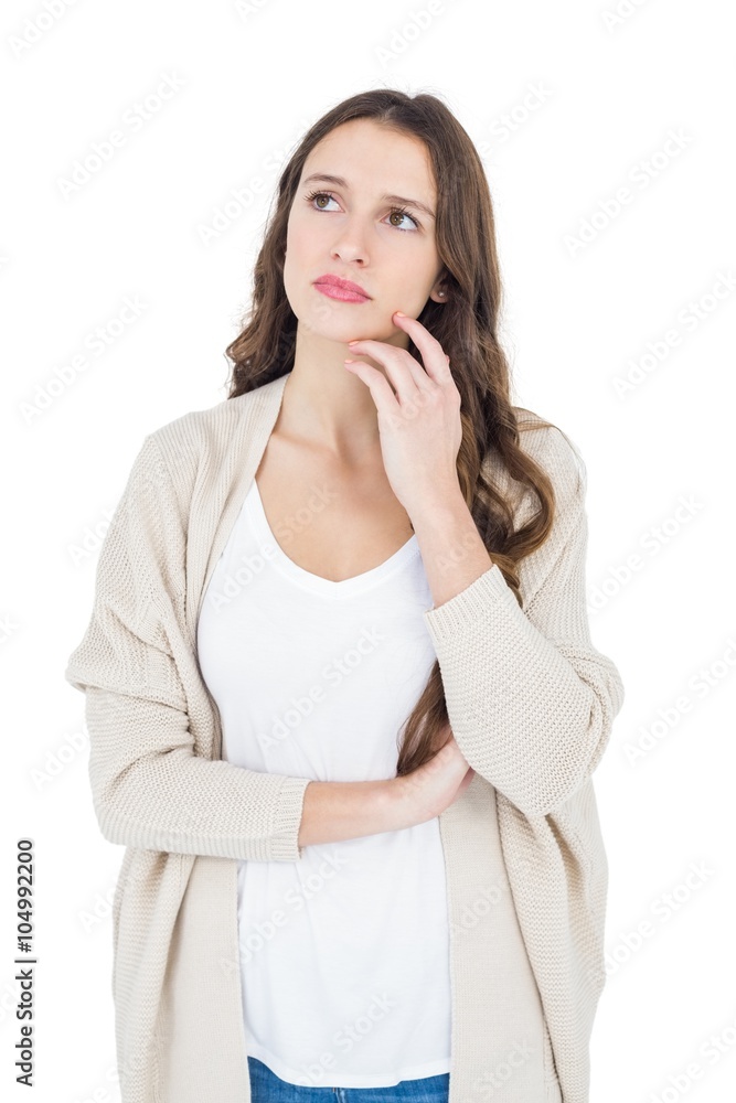 Thoughtful woman with hand on chin Thoughtful woman with hand on chin
