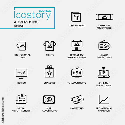 Modern advertising simple thin line design icons, pictograms set