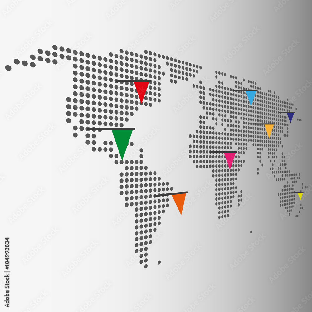 Fototapeta premium Dotted World Map With Color Pointer Flags Vector Graphic