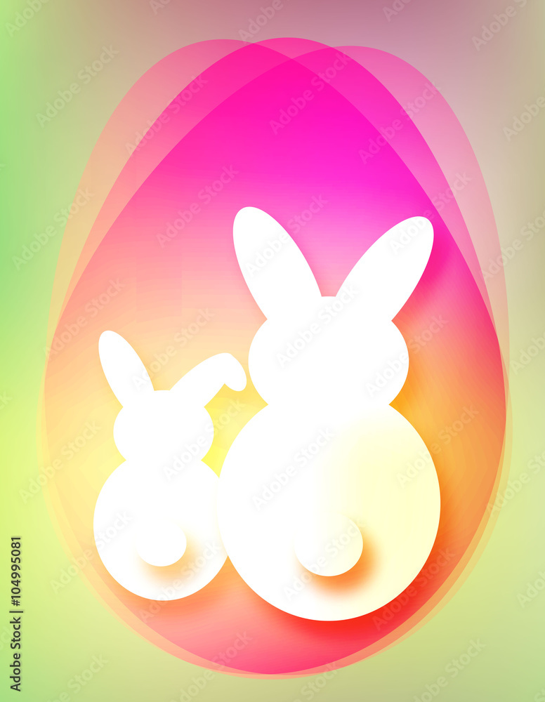 Big easter egg with flowers on background with rabbits Big easter egg with flowers on background with rabbits