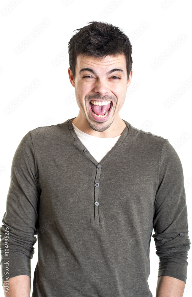Young man shouting expression on white background Young man shouting expression on white background