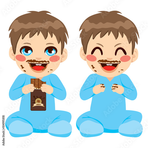 Baby boy eating chocolate bar with face dirty with funny chocolate mustache