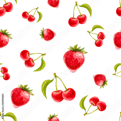 Fototapeta Naklejka Na Ścianę i Meble -  Watercolor seamless pattern with strawberries and cherries. Hand drawn design. Vector summer fruit illustration.