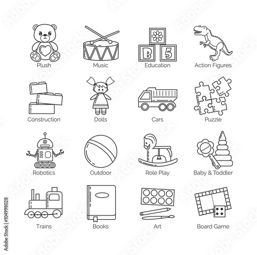 A collection of minimalistic thin line icons for various toys' kinds and categories and activities for kids, babies and toddlers, boys and girls. 