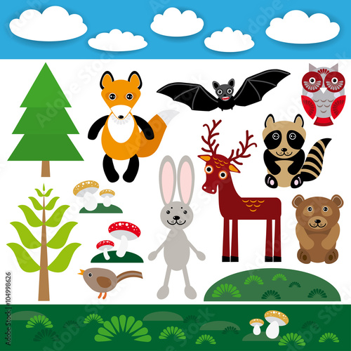 Funny set of cute wild animals, forest and clouds. Fox, bear, rabbit, raccoon, bat, deer, owl, bird.