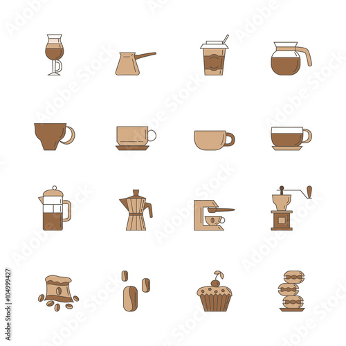 Set of 16 linear and colorful coffee icons included coffee cups, coffee machine, coffee, a bag of coffee, cupcakes