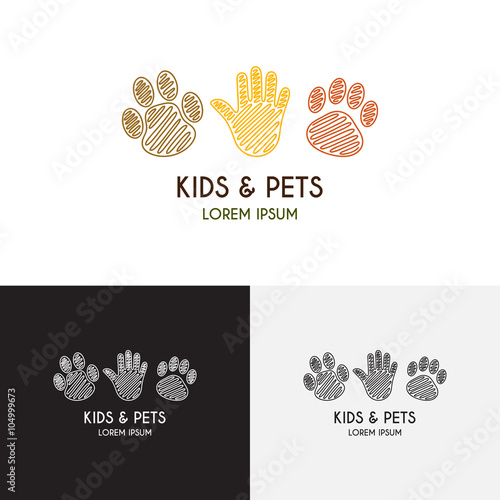 Kids and pets logo template. Creative vector template of design logo for pet shop, logo of petting zoo. Icon of a palm of the child, icon of a paw of a puppy, icon of a paw of a kitten.