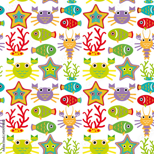 Seamless pattern with marine animals on a white background.