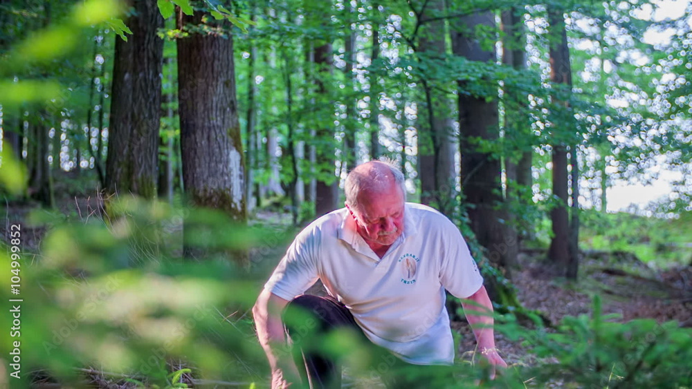 Mushroom picker kneels down to pick some boletus Mushroom picker kneels down to pick some boletus