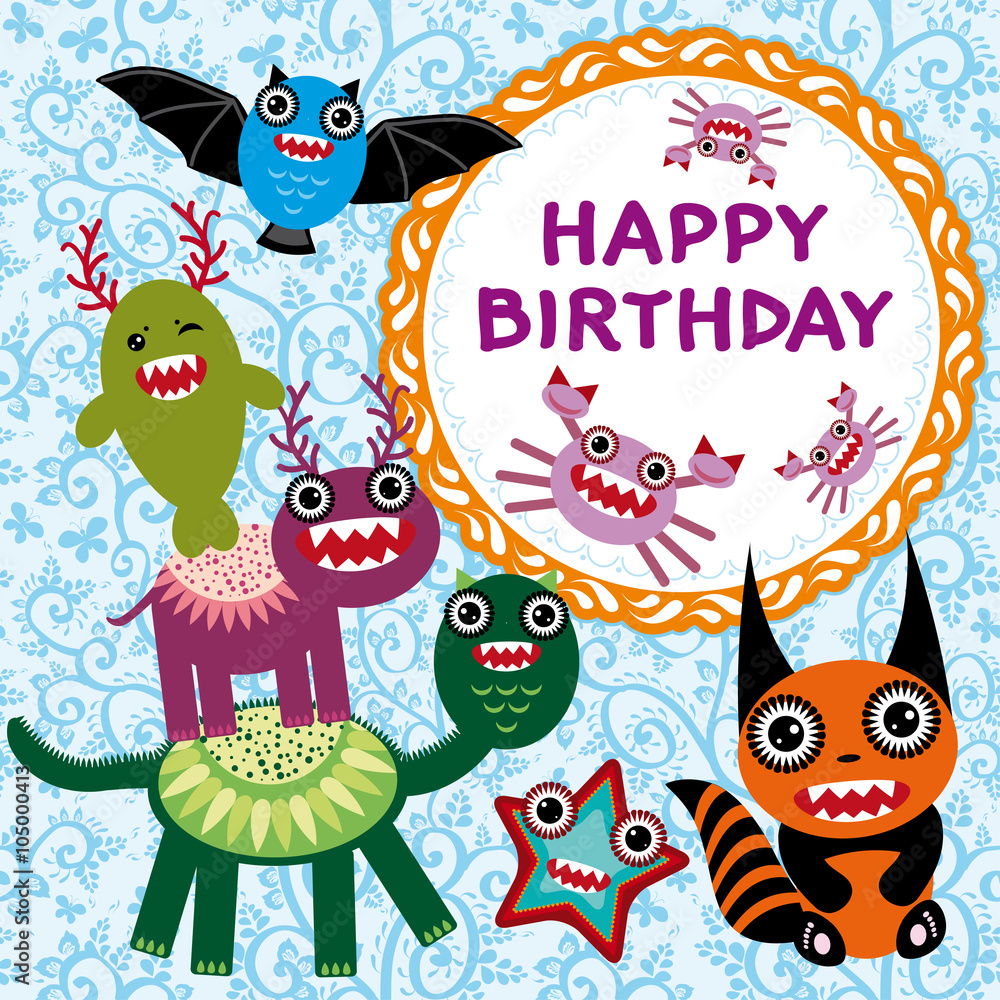 Naklejka Funny monsters party card design.