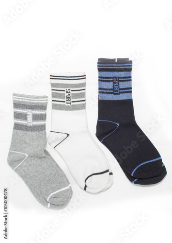Grey, white and blue sport socks, isolated 