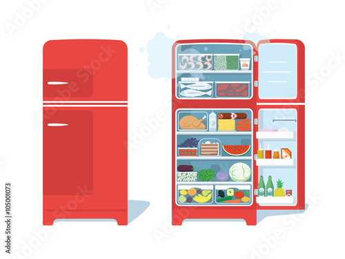 Vintage Red Closed and Opened Refrigerator Full Of Food. Vector Illustration