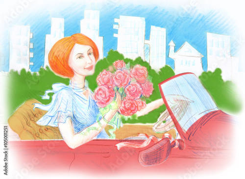 woman in the cabriolet at the city