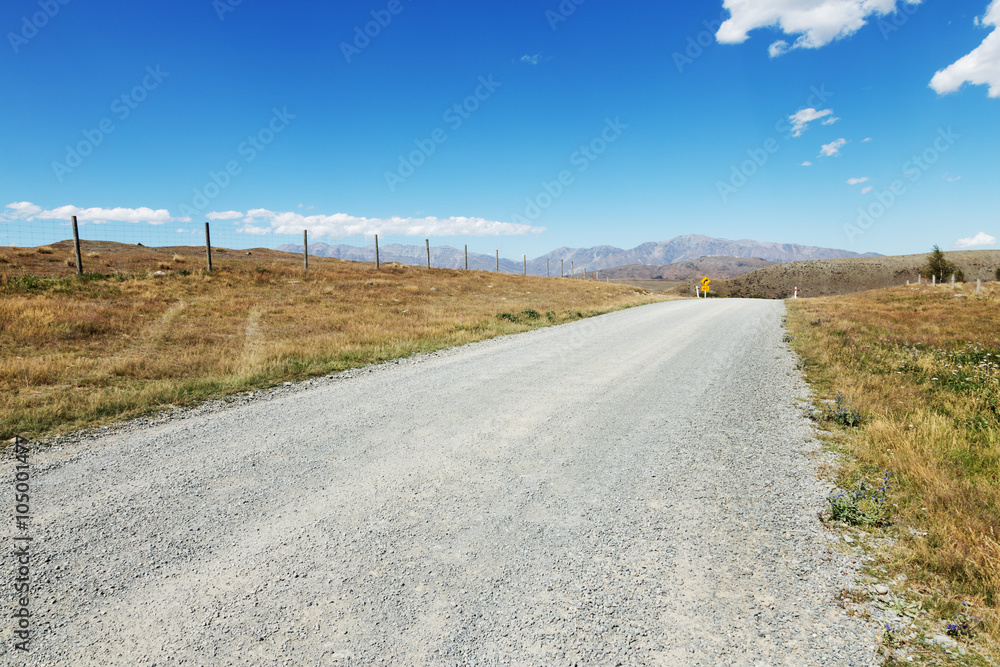 road near pasture in summer day in New Zealand